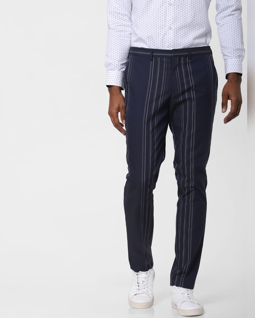 Navy Blue Striped Formal Trousers