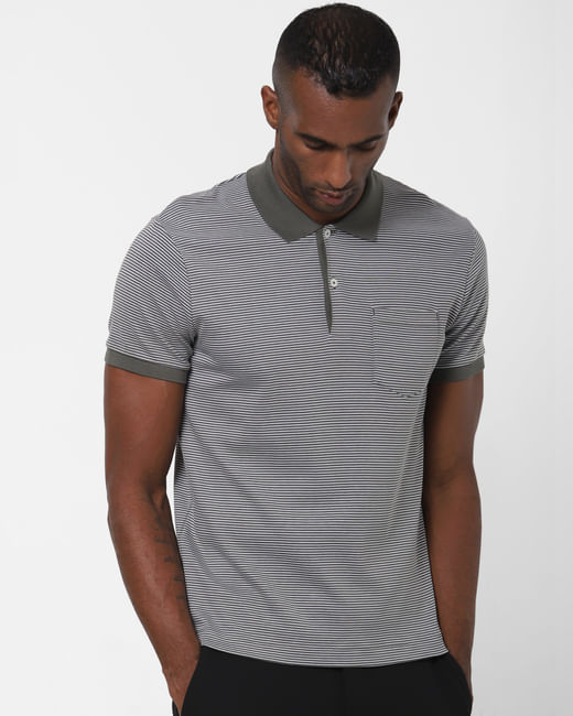 Grey Striped Polo Neck T-shirt