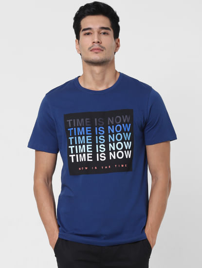 Blue Slogan Print Crew Neck T-shirt