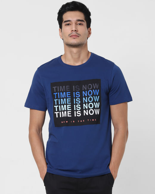 Blue Slogan Print Crew Neck T-shirt