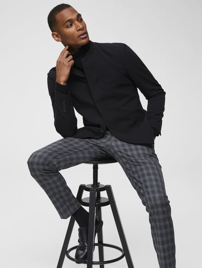 Grey Checks Slim Fit Formal Trousers