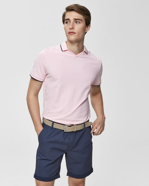 Pink Contrast Tipping Polo Neck T-Shirt