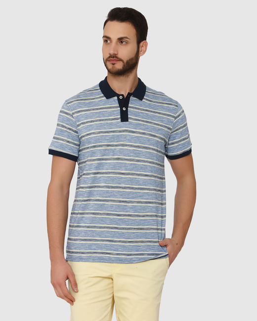 Blue Striped Slim Fit Polo T-Shirt