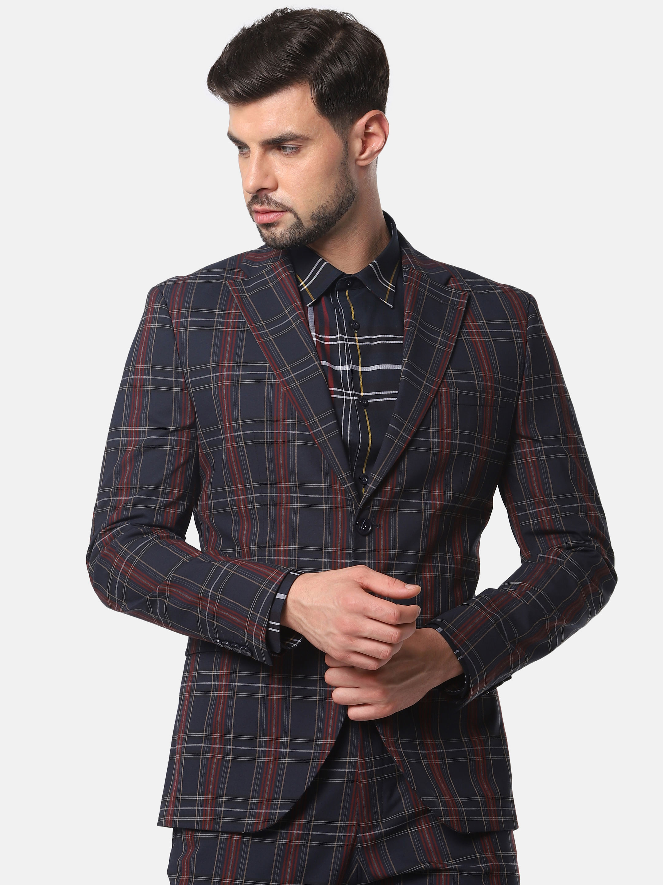 dark blue check blazer