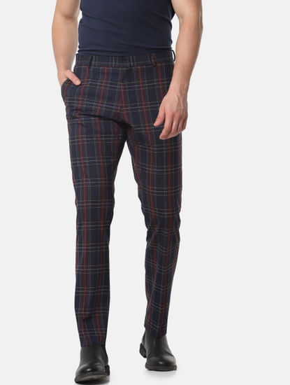 Navy Blue Check Slim Fit Trousers