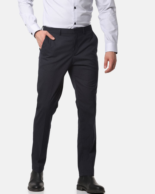 Navy Blue Striped Slim Fit Trousers