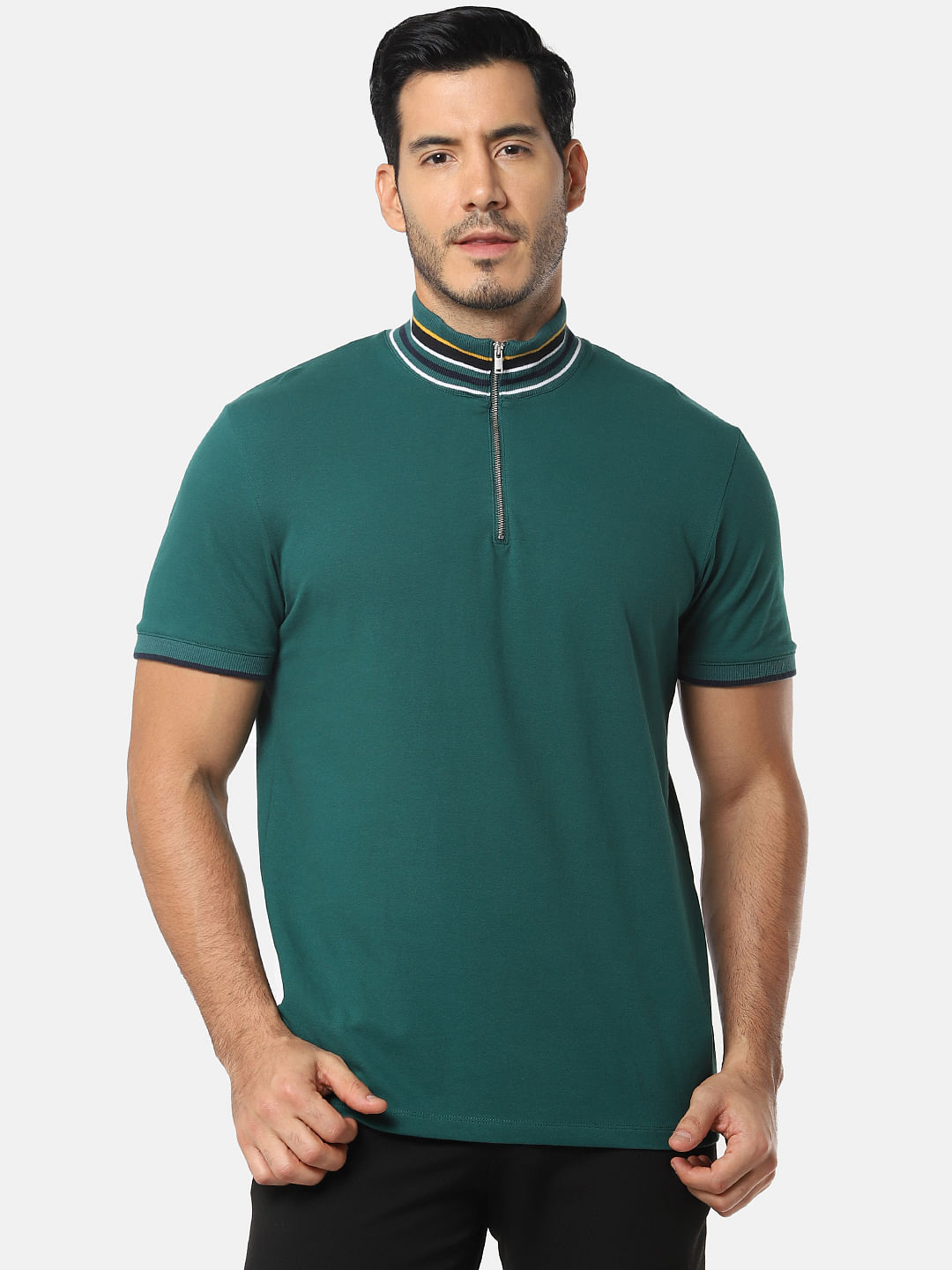 Buy Green Zip Detail High Neck T-Shirt for Men Online at SELECTED 