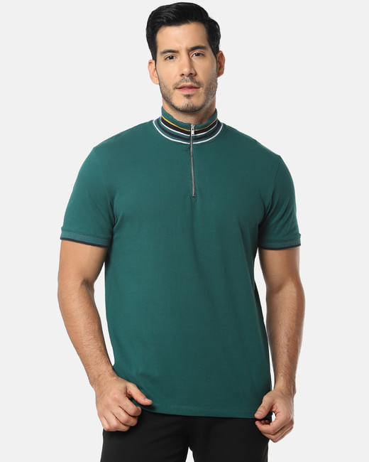 Green Zip Detail High Neck T-Shirt