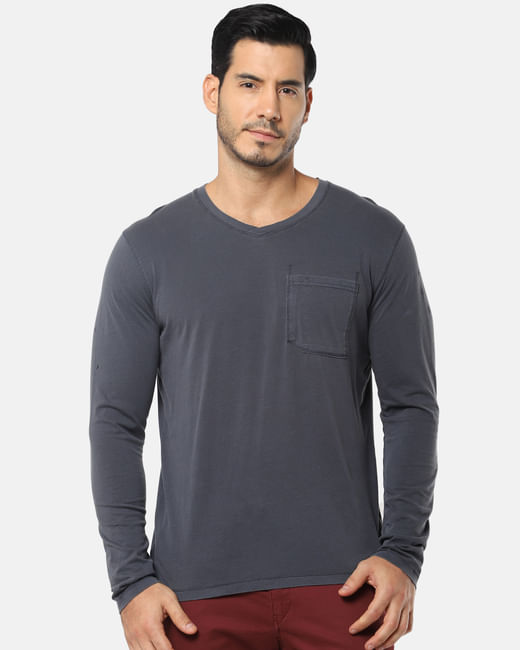 Grey One Pocket Slim Fit V-Neck T-Shirt