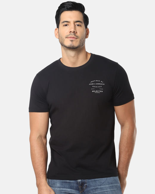 Black Text Print Crew Neck T-Shirt