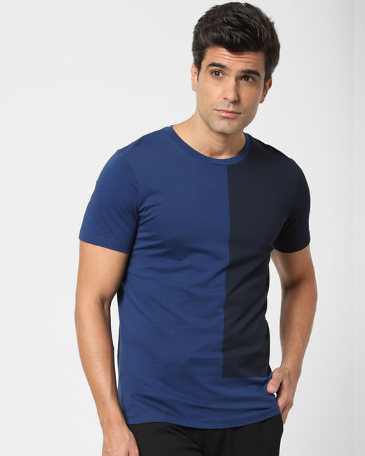 Blue Colourblocked Organic Cotton Crew Neck T-shirt
