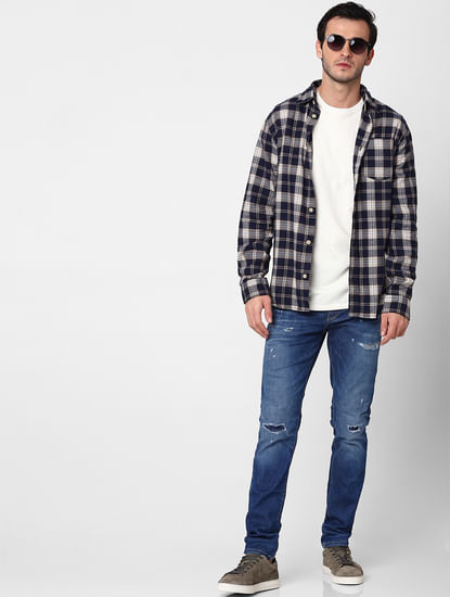Blue Mid Rise Leon Slim Fit Ripped Jeans