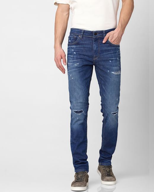 Blue Mid Rise Leon Slim Fit Ripped Jeans