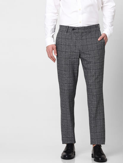Grey Mid Rise Check Trousers