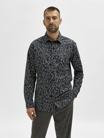Blue Organic Cotton Half Sleeves Floral Shirt
