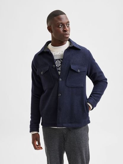 Blue Woolen Solid Jacket