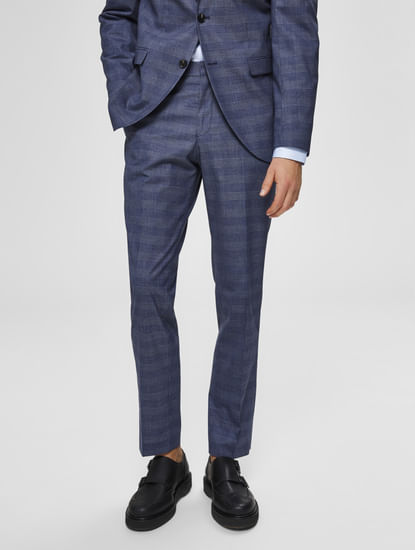 Blue Mid Rise Check Slim Fit Trousers