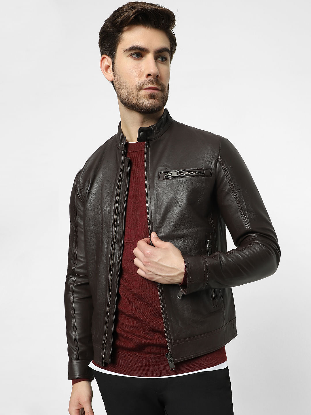 dark brown leather jacket