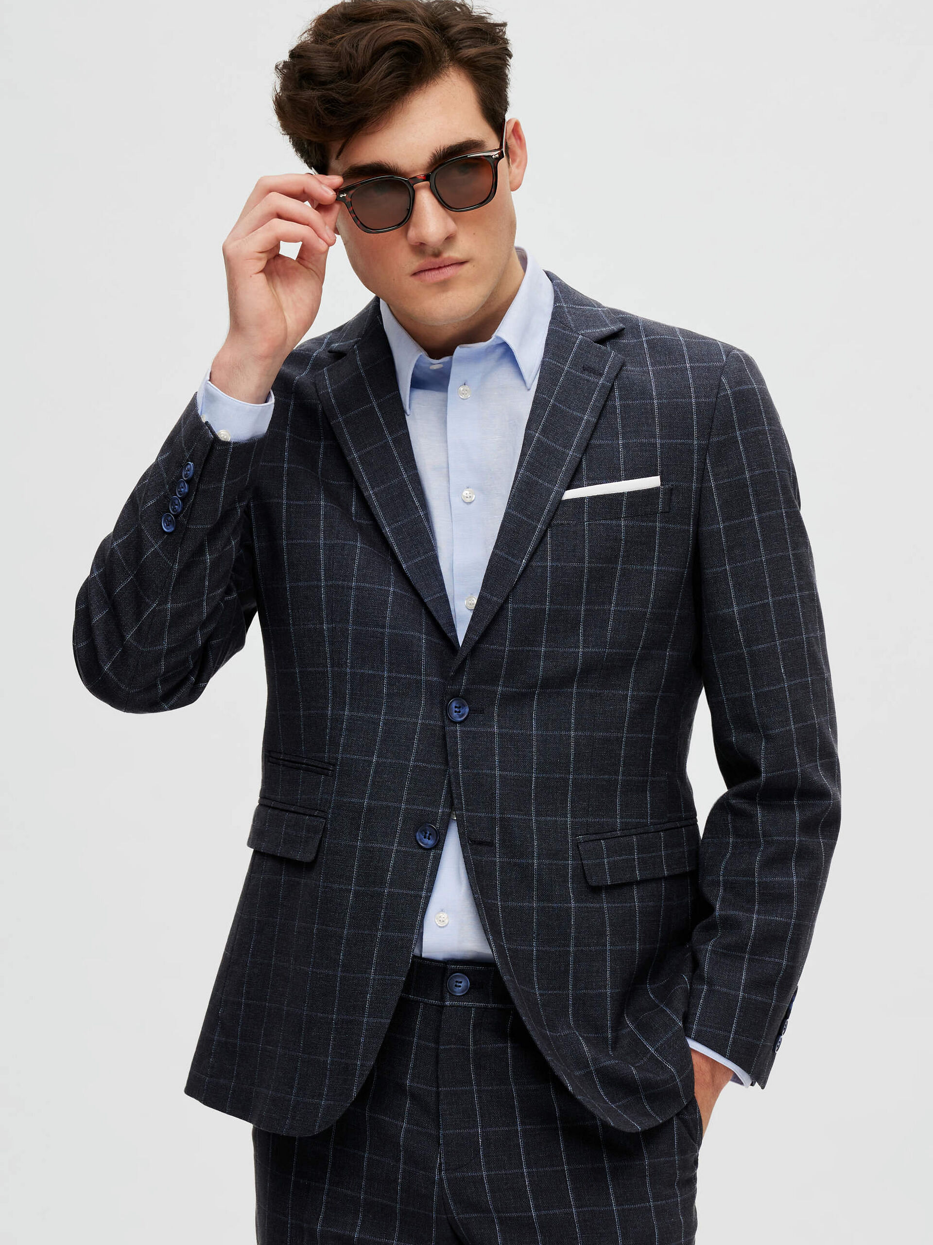 Men's Charcoal Prince of Wales Check Double Breasted Slim Suit Jacket