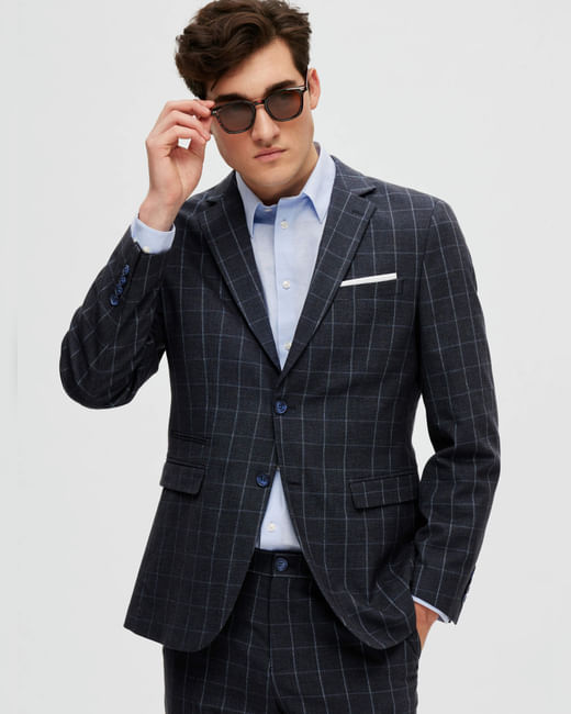 Navy Blue Linen Check Suit-Set Blazer