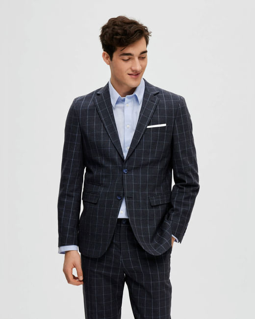 Navy Blue Linen Check Suit-Set Blazer
