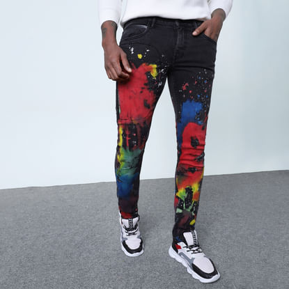 Black Mid Rise Colourful Splash Glenn Slim Jeans 
