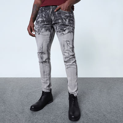 Grey Mid Rise Abstract Print Ripped Ben Skinny Jeans 