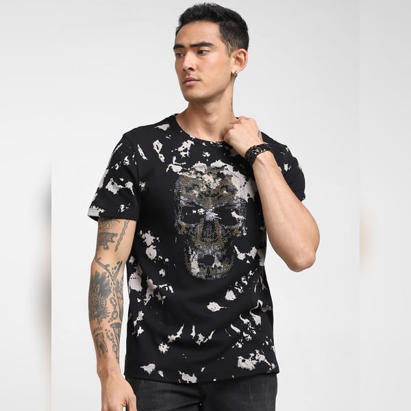 

BESTSELLER CLOTHING UNMATCHED by JACK&JONES Black Tie-Dye Embellished Skull T-shirt