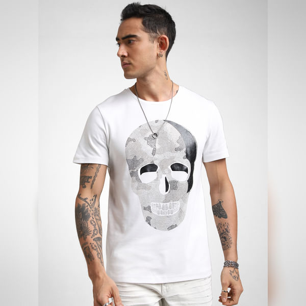 

BESTSELLER CLOTHING UNMATCHED by JACK&JONES White Leather Appliqué Skull Print T-shirt