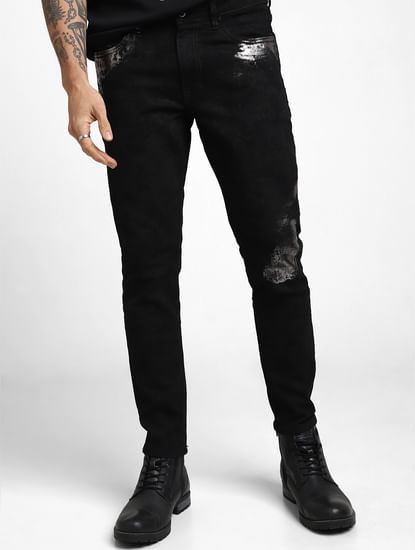 UNMATCHED by JACK&JONES Black Gunmetal Crackle Effect Slim Fit Jeans