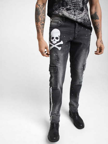 UNMATCHED by JACK&JONES Black Skull Printed Washed Anti Fit Jeans