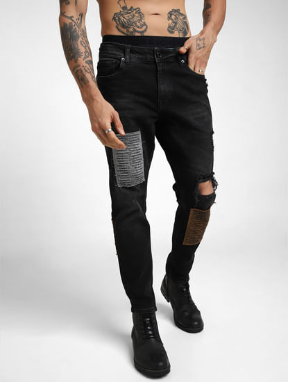 UNMATCHED by JACK&JONES Black Mid Rise Patchwork Glenn Slim Fit Jeans