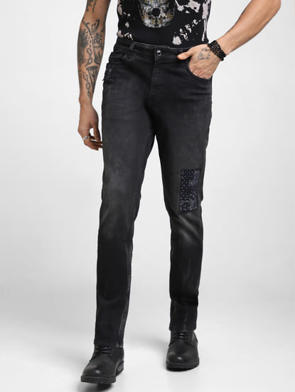 UNMATCHED by JACK&JONES Black Appliqué Detail Distressed Slim Jeans
