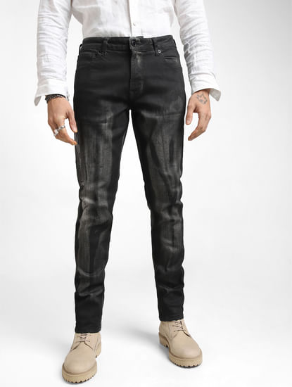 UNMATCHED by JACK&JONES Black Brush-Stroke Effect Slim Fit Jeans