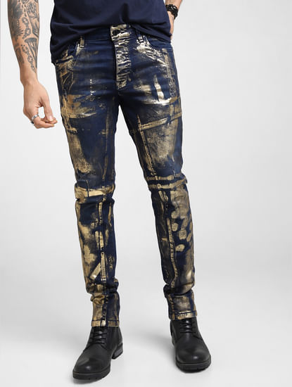 UNMATCHED by JACK&JONES Dark Blue Golden Foil Print Slim Fit Jeans