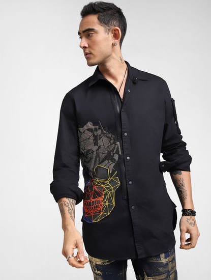 UNMATCHED by JACK&JONES Black Appliqué Patchwork Full Sleeves Shirt