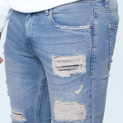 Blue Mid Rise Distressed Skinny Fit Jeans 