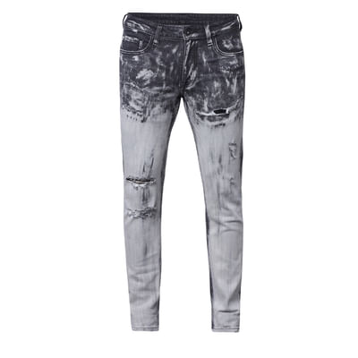 Grey Mid Rise Abstract Print Ripped Ben Skinny Jeans 