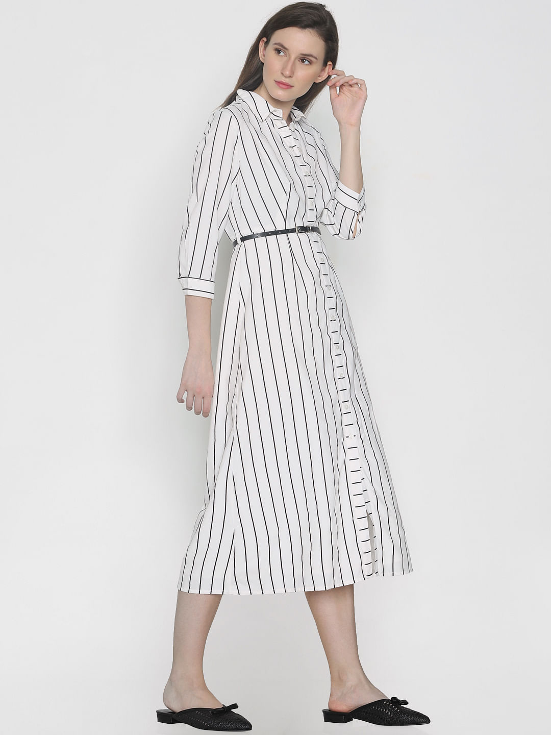 white stripe midi dress