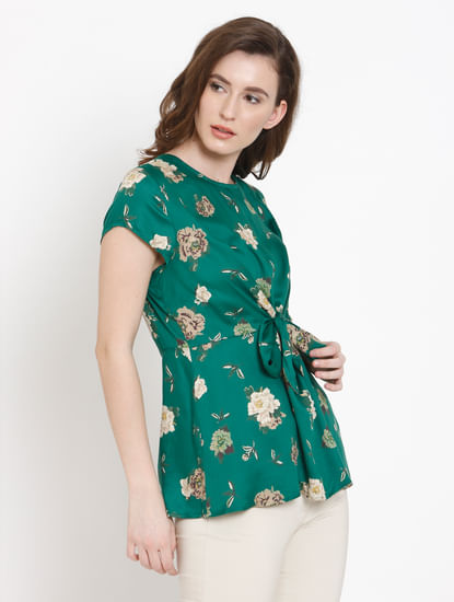 Green Floral Print Front Knot Top