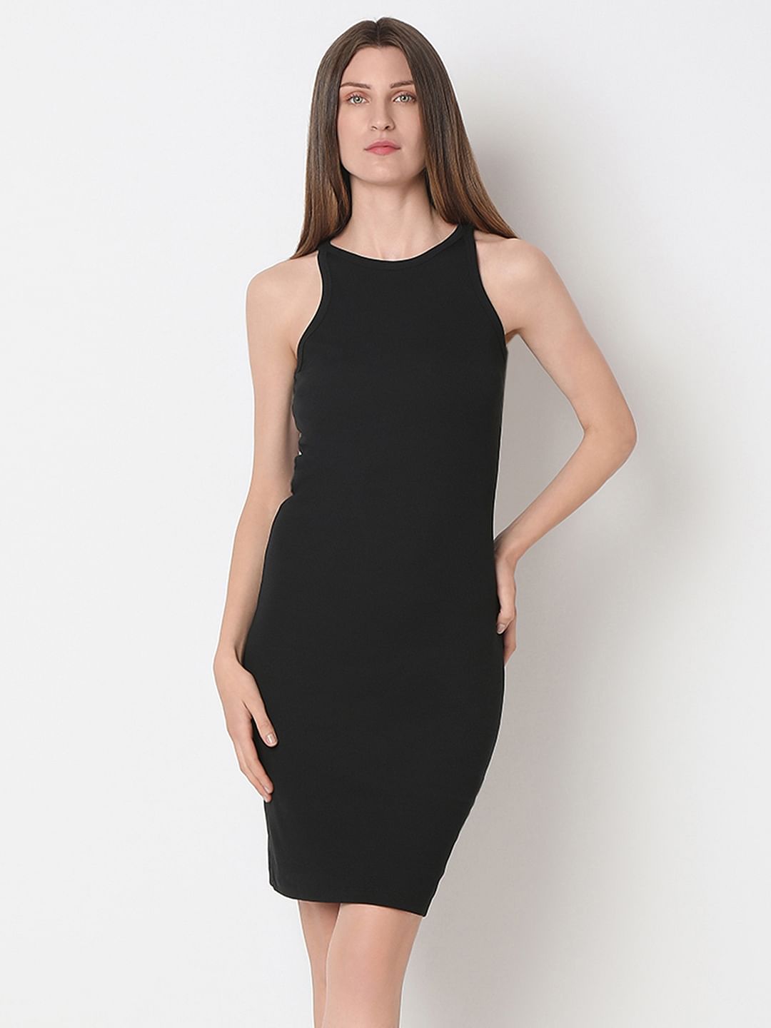 BLACK HALTER NECK BODYCON DRESS