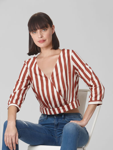 Brown Striped Cropped Shirt