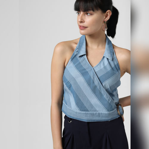 Blue Halter Neck Denim Top