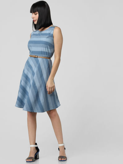 Blue Striped Denim Fit & Flare Dress
