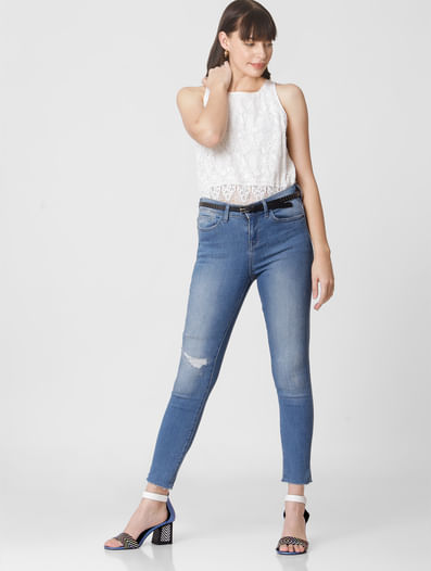 Blue Mid Rise Mildly Distressed Skinny Jeans