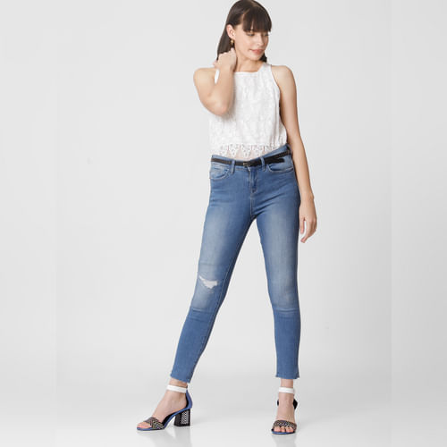 Blue Mid Rise Mildly Distressed Skinny Jeans