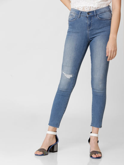 Blue Mid Rise Mildly Distressed Skinny Jeans