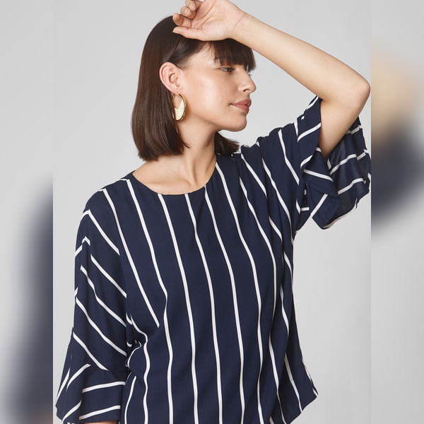 BESTSELLER CLOTHING Dark Blue Striped Flared Sleeves Top