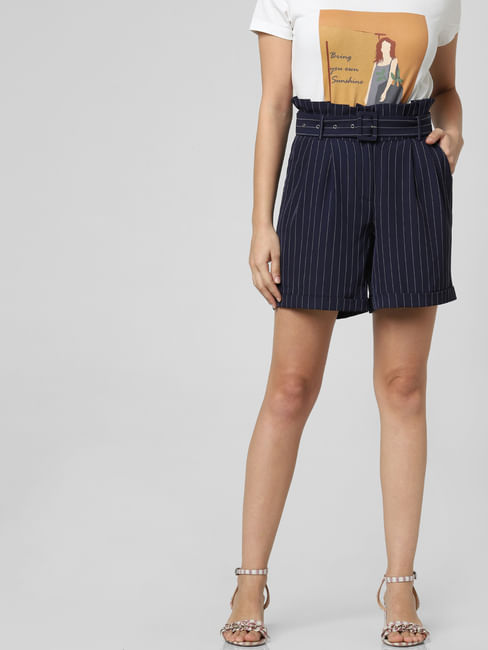 Dark Blue Striped Paperbag Waist Shorts