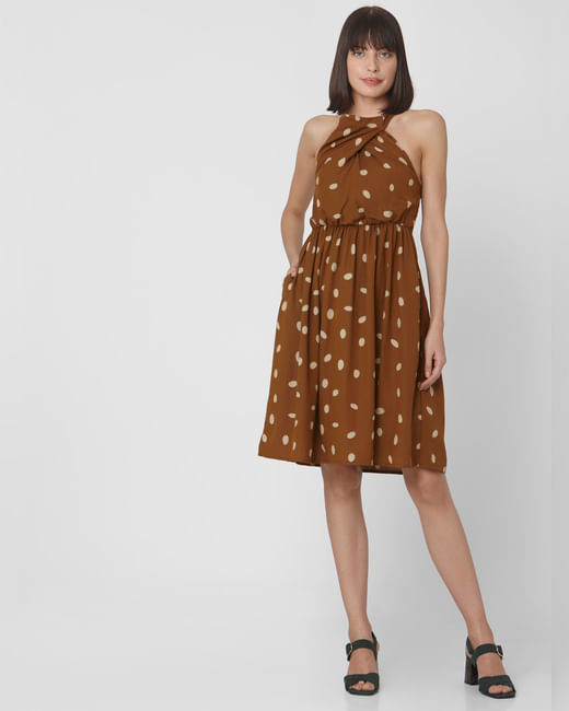 Brown Dotted Fit & Flare Dress